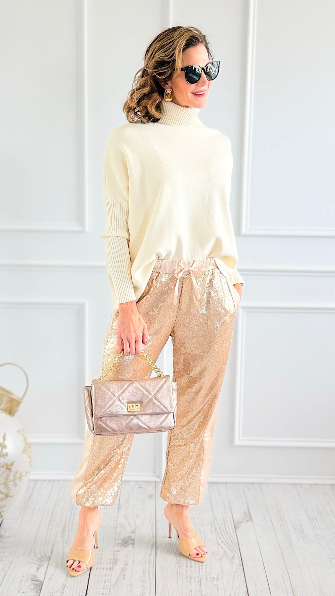 Stardust Sequin Pants - Champagne-100 Pants-Rousseau-Coastal Bloom Boutique, find the trendiest versions of the popular styles and looks Located in Indialantic, FL