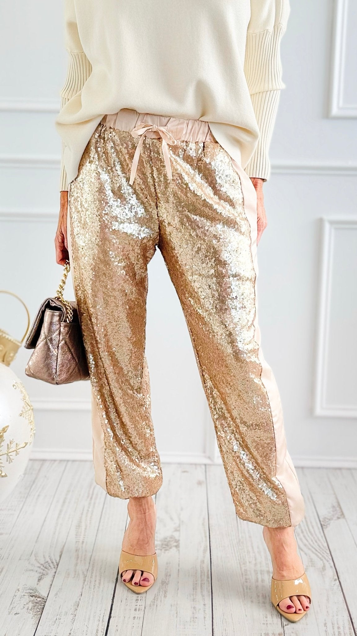 Stardust Sequin Pants - Champagne-100 Pants-Rousseau-Coastal Bloom Boutique, find the trendiest versions of the popular styles and looks Located in Indialantic, FL