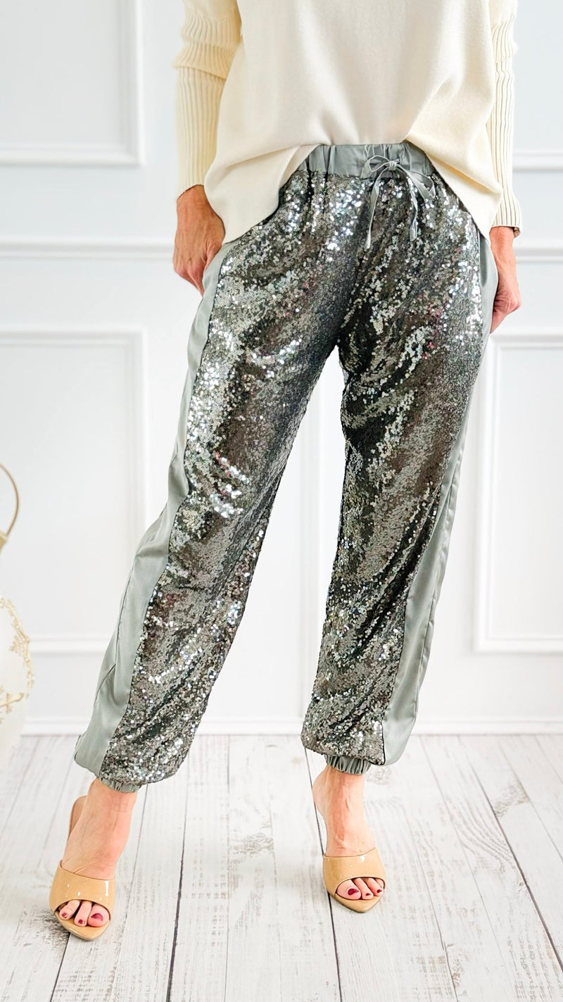 Stardust Sequin Pants - Sage-100 Pants-Rousseau-Coastal Bloom Boutique, find the trendiest versions of the popular styles and looks Located in Indialantic, FL