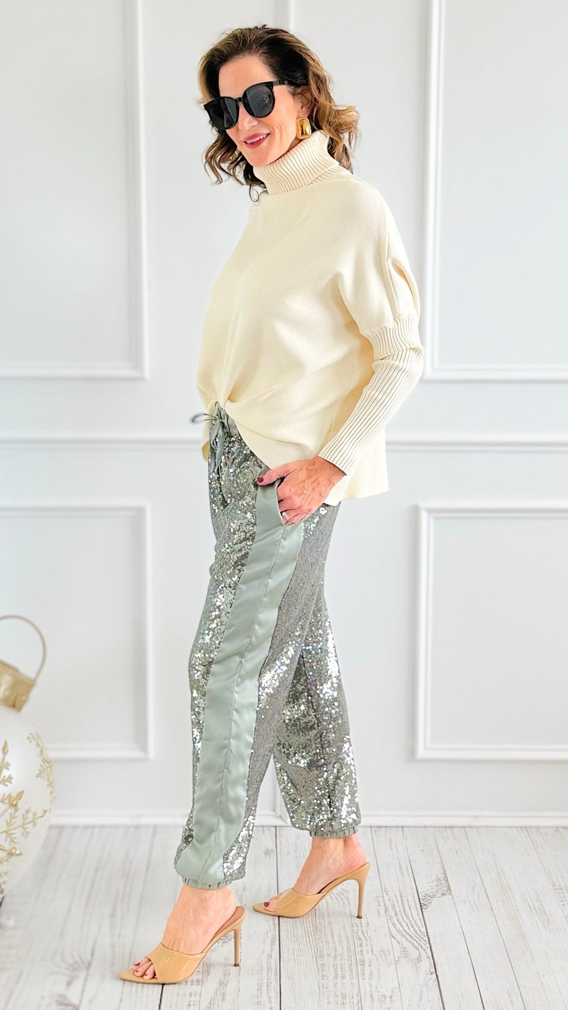 Stardust Sequin Pants - Sage-100 Pants-Rousseau-Coastal Bloom Boutique, find the trendiest versions of the popular styles and looks Located in Indialantic, FL