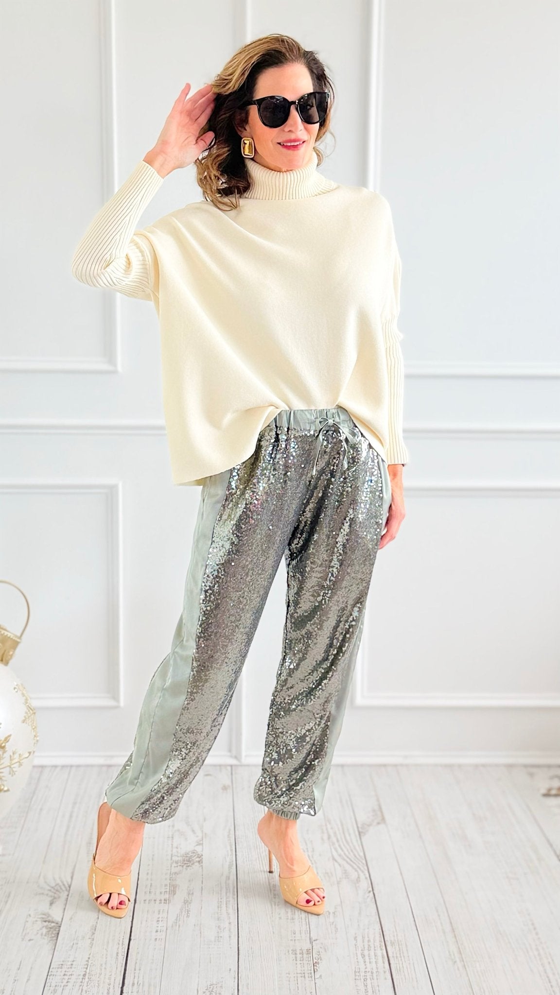 Stardust Sequin Pants - Sage-100 Pants-Rousseau-Coastal Bloom Boutique, find the trendiest versions of the popular styles and looks Located in Indialantic, FL