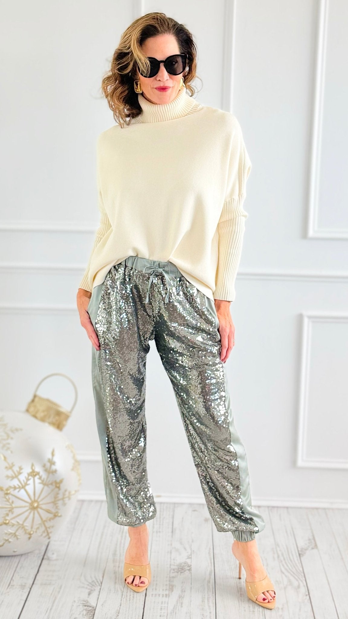 Stardust Sequin Pants - Sage-100 Pants-Rousseau-Coastal Bloom Boutique, find the trendiest versions of the popular styles and looks Located in Indialantic, FL