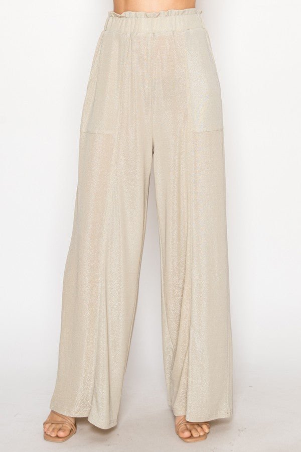 Starry Nights Metallic Wide Leg Pant - Beige-170 Bottoms-Origami Fashion Inc-Coastal Bloom Boutique, find the trendiest versions of the popular styles and looks Located in Indialantic, FL