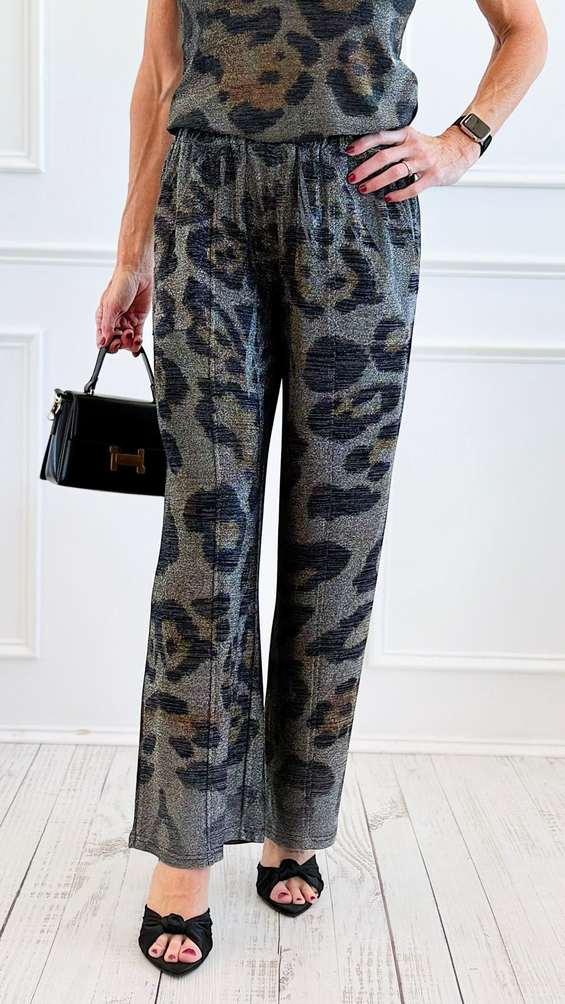 Starry Nights Printed Metallic Wide Leg Pant - Leo-170 Bottoms-Origami Fashion Inc-Coastal Bloom Boutique, find the trendiest versions of the popular styles and looks Located in Indialantic, FL
