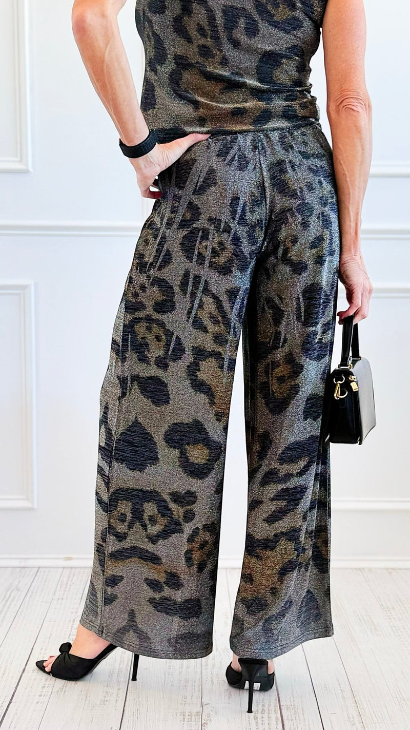 Starry Nights Printed Metallic Wide Leg Pant - Leo-170 Bottoms-Origami Fashion Inc-Coastal Bloom Boutique, find the trendiest versions of the popular styles and looks Located in Indialantic, FL