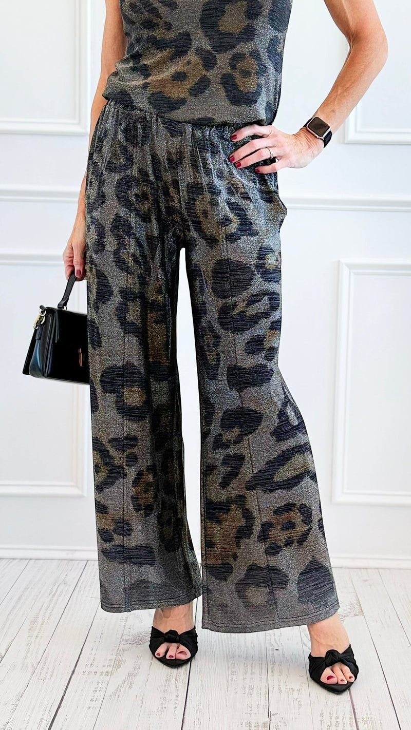 Starry Nights Printed Metallic Wide Leg Pant - Leo-170 Bottoms-Origami Fashion Inc-Coastal Bloom Boutique, find the trendiest versions of the popular styles and looks Located in Indialantic, FL