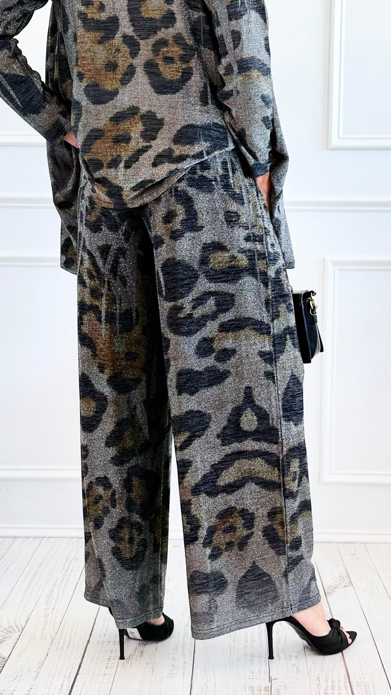 Starry Nights Printed Metallic Wide Leg Pant - Leo-170 Bottoms-Origami Fashion Inc-Coastal Bloom Boutique, find the trendiest versions of the popular styles and looks Located in Indialantic, FL