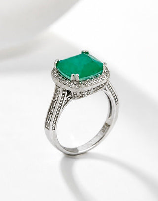 PRE ORDER- Sterling Silver Cushion Halo Ring - Emerald Green