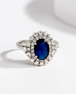 Sterling Silver Sapphire Oval CZ Halo Ring