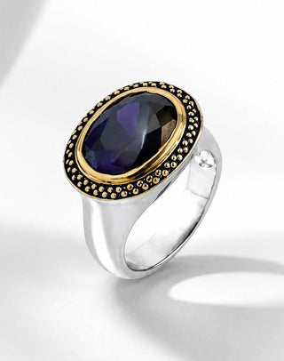 Sterling Silver Two Tone Oval Halo Ring - Deep Amethyst
