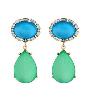 Pair of earrings with blue top stones and green teardrop drops on a white background