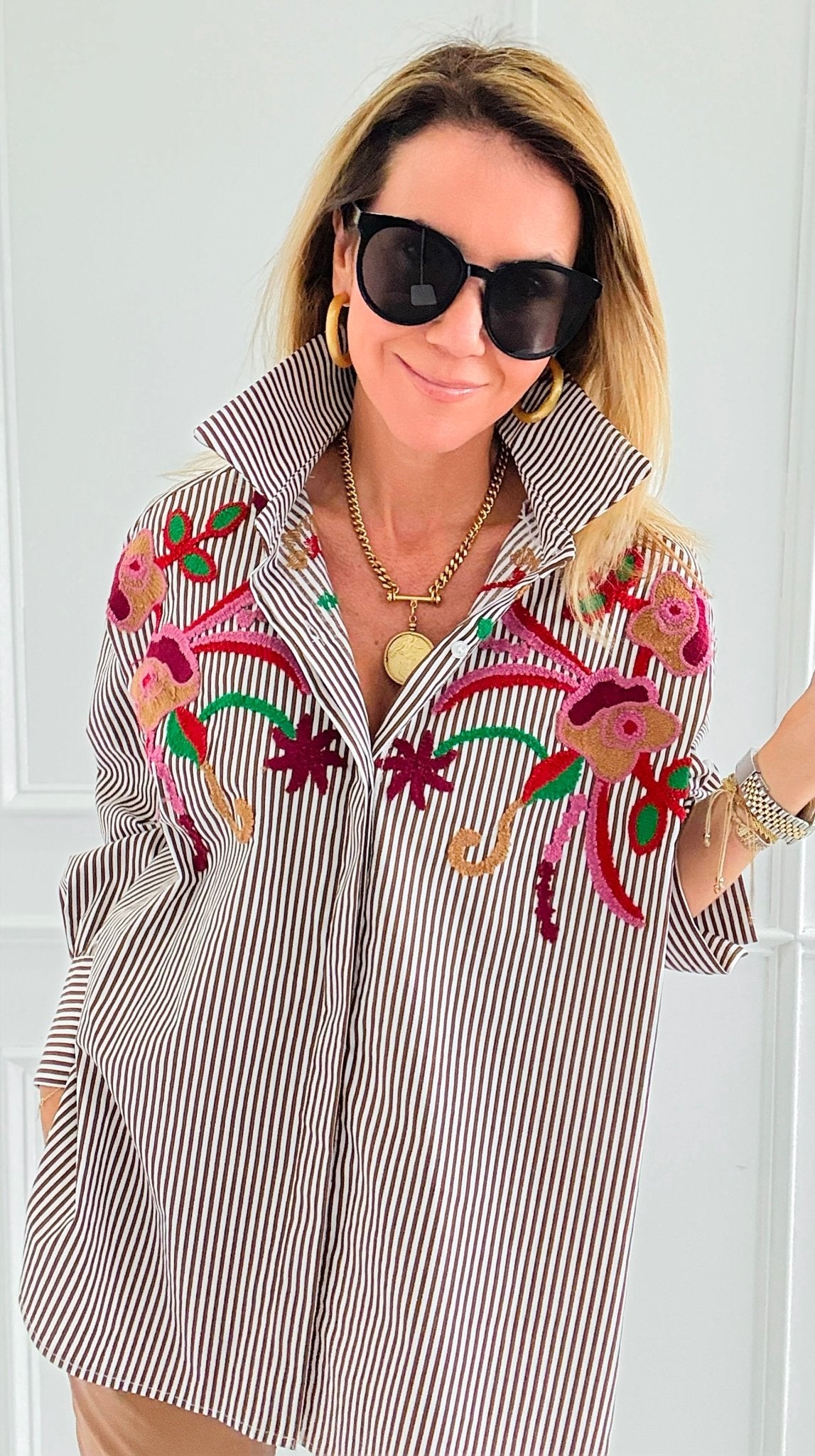 Striped Bloom Embroidery Italian Blouse-110 Long Sleeve Tops-TATTOO Z-Coastal Bloom Boutique, find the trendiest versions of the popular styles and looks Located in Indialantic, FL