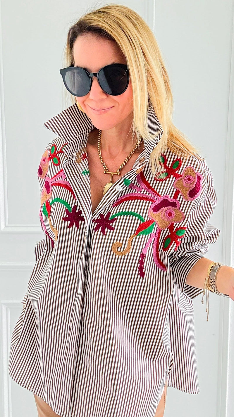 Striped Bloom Embroidery Italian Blouse-110 Long Sleeve Tops-TATTOO Z-Coastal Bloom Boutique, find the trendiest versions of the popular styles and looks Located in Indialantic, FL