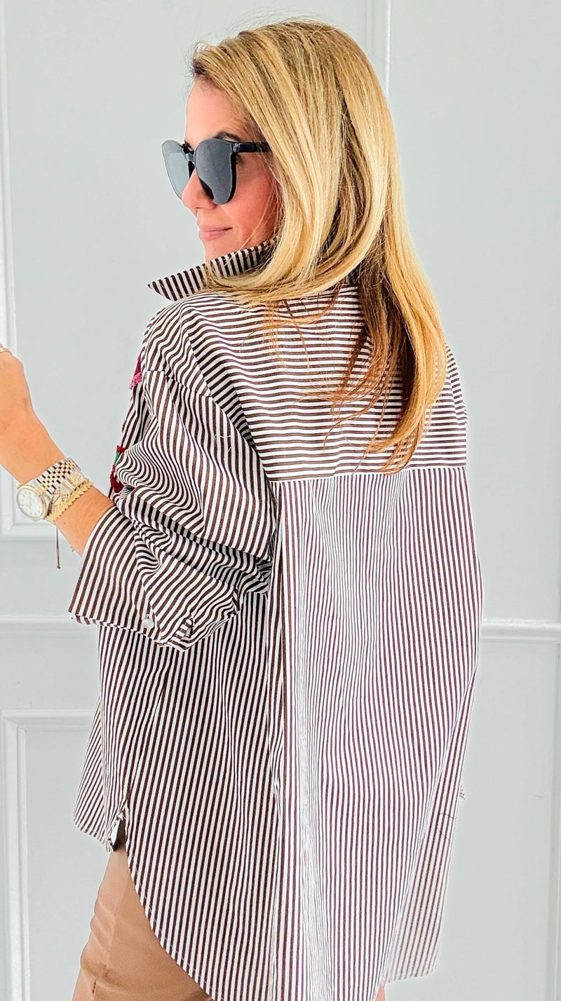 Striped Bloom Embroidery Italian Blouse-110 Long Sleeve Tops-TATTOO Z-Coastal Bloom Boutique, find the trendiest versions of the popular styles and looks Located in Indialantic, FL
