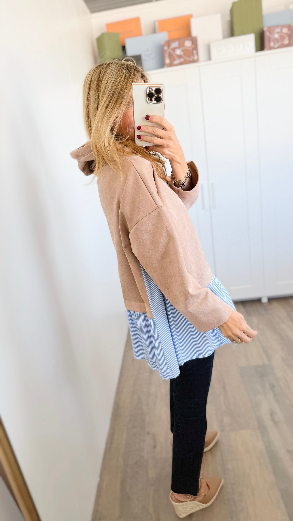 Striped Contrast Italian Hoodie- Beige-140 Sweaters-VANESSA-Coastal Bloom Boutique, find the trendiest versions of the popular styles and looks Located in Indialantic, FL