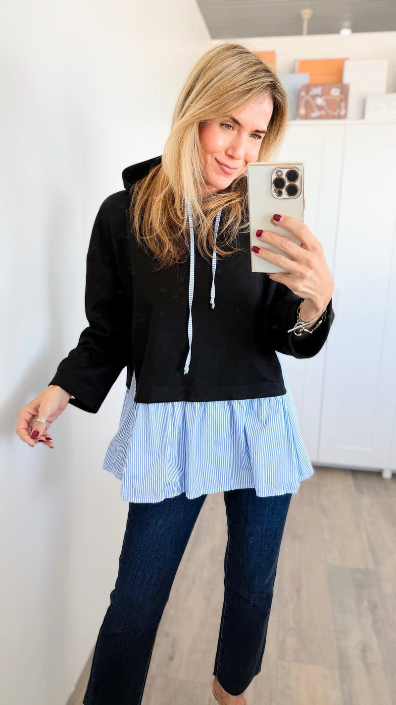 Striped Contrast Italian Hoodie- Black-140 Sweaters-VANESSA-Coastal Bloom Boutique, find the trendiest versions of the popular styles and looks Located in Indialantic, FL