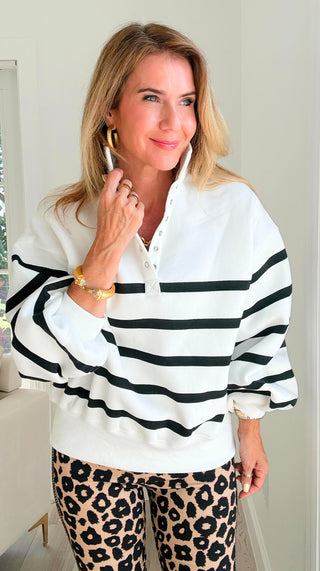 Striped Snap Sweater -  White/Black