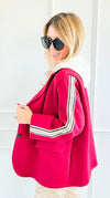Stripes Of Power Italian Hooded Blazer- Burgundy-160 Jackets-ACQUA & LIMONE-Coastal Bloom Boutique, find the trendiest versions of the popular styles and looks Located in Indialantic, FL