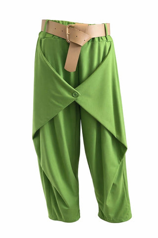Structure Button Front Belted Italian Pant- Green