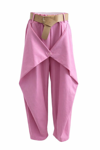 Structure Button Front Belted Italian Pant- Pink