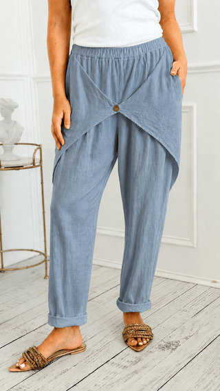 Structure Button Front Linen Italian Pant- Steel Blue