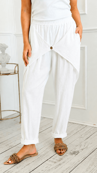 Structure Button Front Linen Italian Pant- White