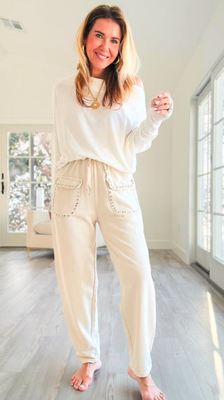 Studded Pocket Italian Jogger Pant -Beige