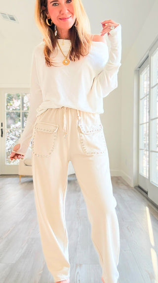 Studded Pocket Italian Jogger Pant -Beige