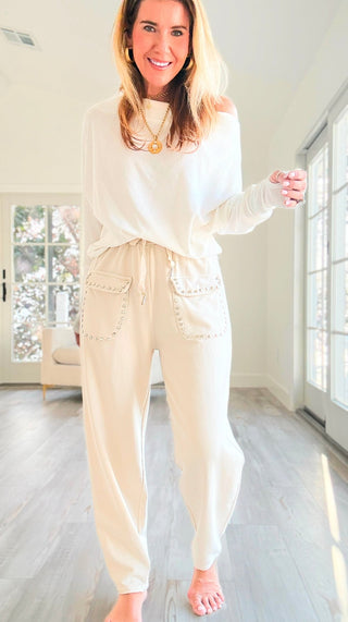 Studded Pocket Italian Jogger Pant -Beige