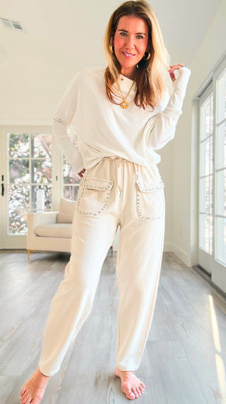 Studded Pocket Italian Jogger Pant -Beige