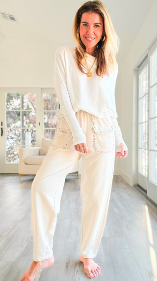 Studded Pocket Italian Jogger Pant -Beige