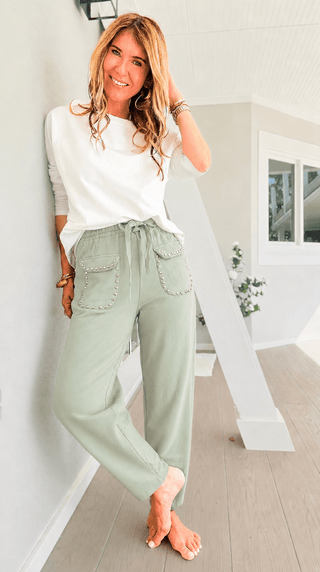Studded Pocket Italian Jogger Pant - Olive