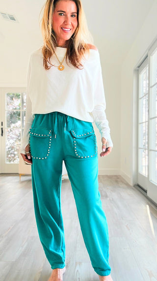 Studded Pocket Italian Jogger Pant - Teal