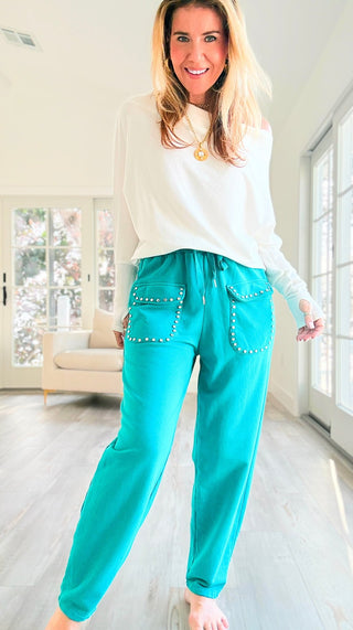 Studded Pocket Italian Jogger Pant - Teal