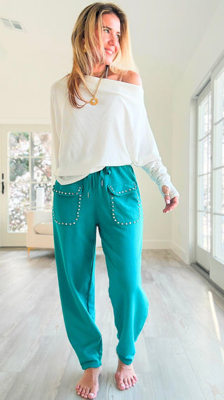 Studded Pocket Italian Jogger Pant - Teal