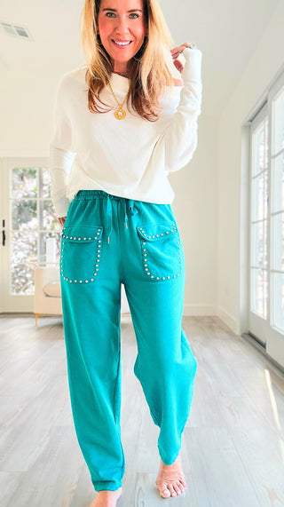 Studded Pocket Italian Jogger Pant - Teal