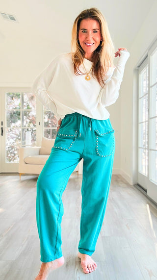 Studded Pocket Italian Jogger Pant - Teal