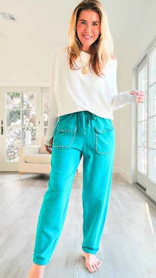 Studded Pocket Italian Jogger Pant - Teal