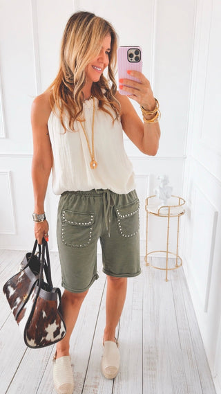 Studded Pocket Italian Jogger Shorts- Olive