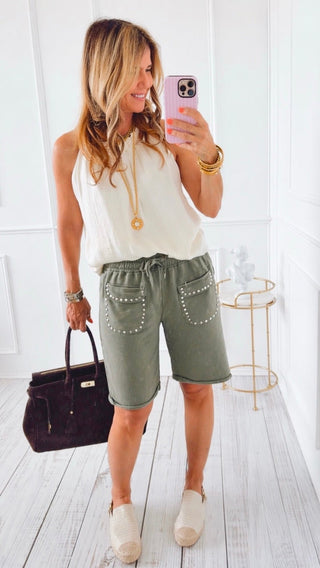 Studded Pocket Italian Jogger Shorts- Olive