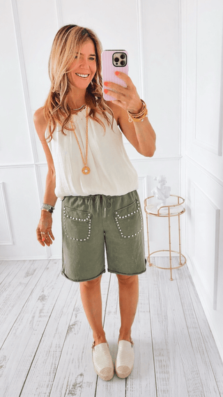 Studded Pocket Italian Jogger Shorts- Olive