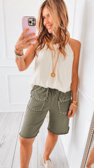 Studded Pocket Italian Jogger Shorts- Olive