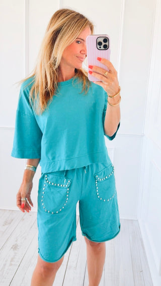 Studded Pocket Italian Jogger Shorts - Turquoise