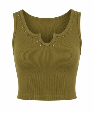 Studded Ribbed Crop Tank Top - Olive