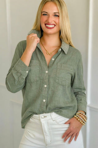 Subtle Spark Collar Linen Italian Button Top