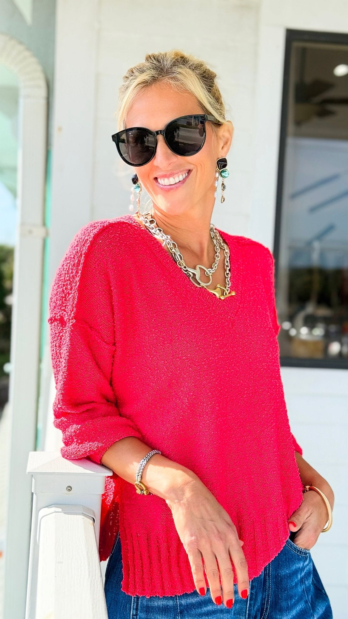 Sunset Breeze Textured V-Neck Sweater-140 Sweaters-Umgee-Coastal Bloom Boutique, find the trendiest versions of the popular styles and looks Located in Indialantic, FL