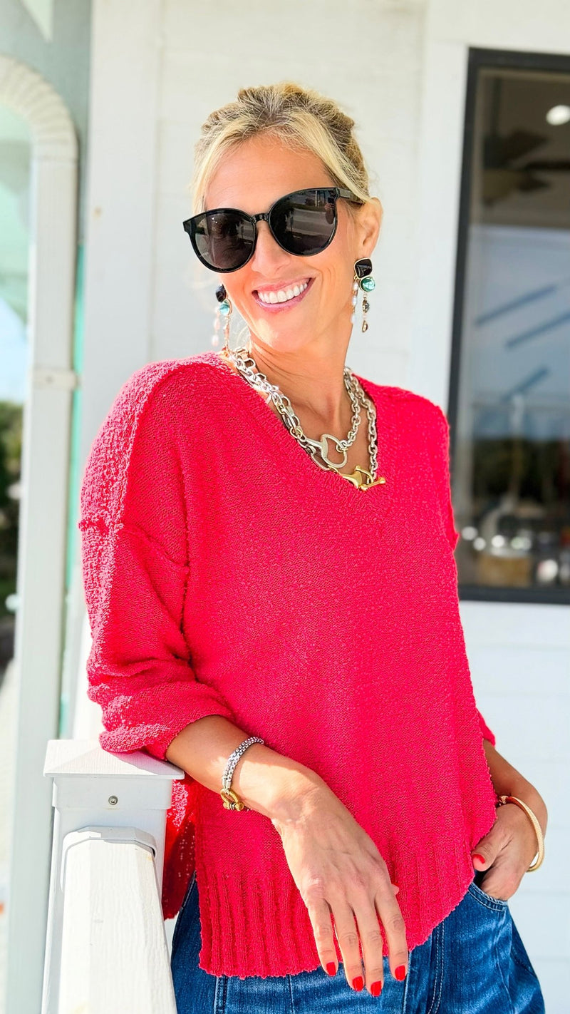 Sunset Breeze Textured V-Neck Sweater-140 Sweaters-Umgee-Coastal Bloom Boutique, find the trendiest versions of the popular styles and looks Located in Indialantic, FL