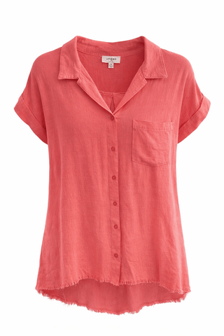 Sunset Ease Button Down Top - Hot Coral