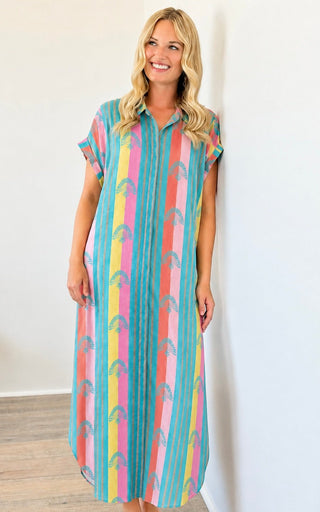Sunset Fan Club Italian Button Dress- Green