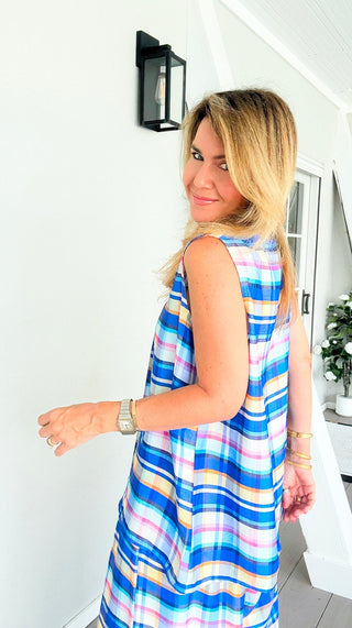 Sunshine Plaid Italian Sleeveless Top- Blue